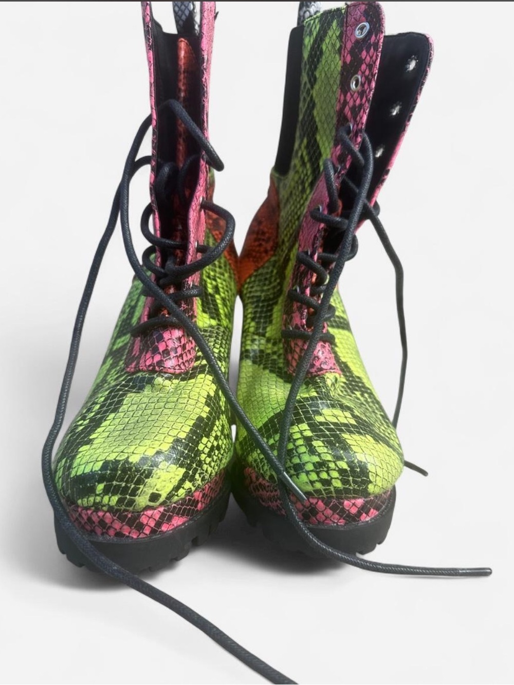 Cape Robbin Neon Green Pink Orange Snake-Print Lace-Up Platform Boots - Picture 3 of 5